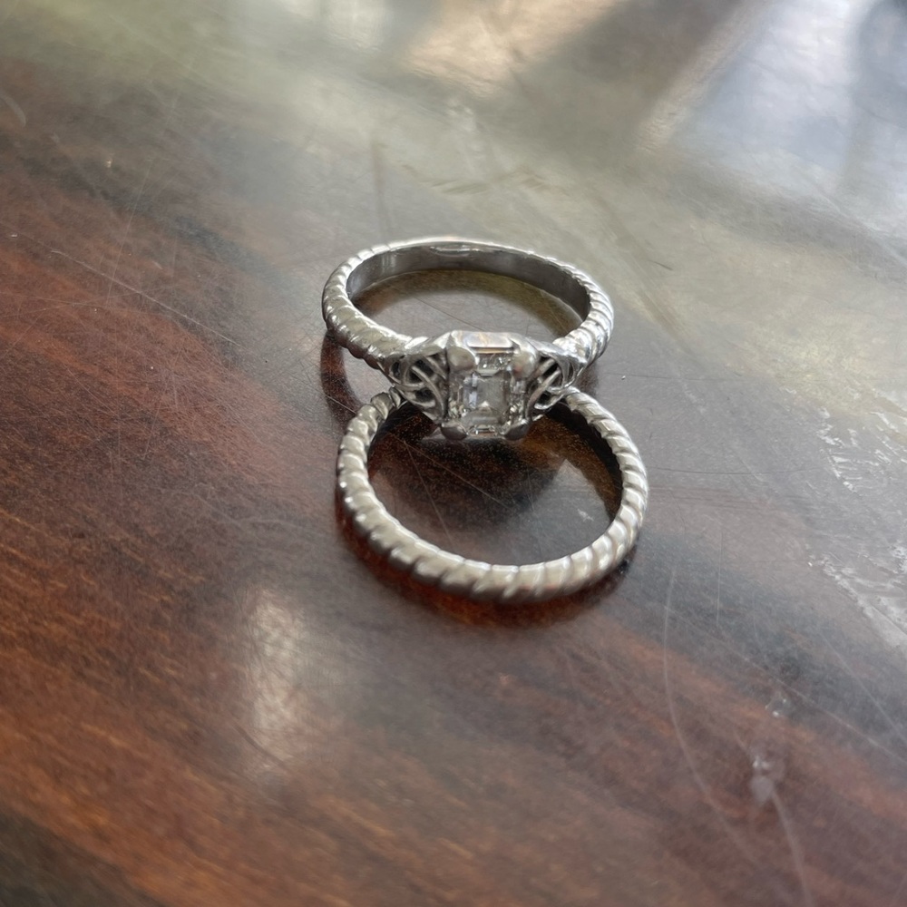 1 carat Emerald cut diamond engagement ring and matching band in platinum
